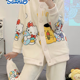 2pcs Sanrio Genuine Authorization, Hello Kitty Family Cartoon Pattern Long-sleeved Thickened Upgraded Pajama Set, Thick Warm Loungewear, Sweet And Cute Pajamas, Cardigan Loungewear Can Be Worn Outside, The Best Choice for Family And Friends