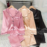 Casual And Fashionable, Comfortable Autumn And Winter Three-Piece Set of Pure Color Satin Long-Sleeved Shirts & Elastic Pants, Size Short Long Suit Pajamas