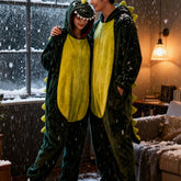 Roarsome Dinosaur Couple Onesie Set - Soft Flannel Matching Dinosaur Costume Pajamas with Hood, Long Sleeve Winter Sleepwear for Couples, Cute Animal Outfit with Spikes & Tail, Valentine'S Day & Anniversary Gift for Adults (Green\u002FYellow