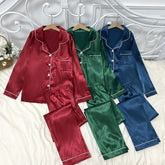 3 Sets Women's Solid Satin Casual Pajama Set, Long Sleeve Buttons Lapel Top & Pants, Comfortable Relaxed Fit For Autumn & Winter