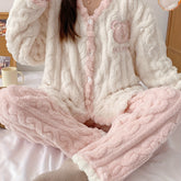 Teen'S Cozy Winter Plush Pajama Set with Bear Letter Print - Soft Pink & White Flannel Sleepwear, Long Sleeve Pajamas with Button Front, Perfect for Casual Home Wear, Bear Pajamas, Winter Sleepwear, Plush Flannel Fabric
