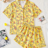 Summer Youth Girls' Pajamas Short Sleeve Cardigan Yellow Bottom Cartoon Yellow Duck Print Boys And Girls Can Wear Outerwear 2pcs Home Clothing Set