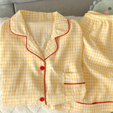 Ladies' Casual Home Wear Two-piece Set with Checkered Print Summer Pajamas Set, Short Sleeved Button Up Cardigan, Lapel Shirt, Shorts, s' Casual Home Wear