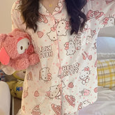 Sanrio Hello Kitty Pajama Sets Womens Button Long Sleeve Pj Pants Set Two-Piece Sleepwear Home Wear