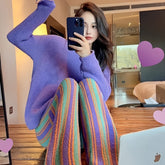 Cozy Winter Pajama Set for Teenager - Soft Fleece Crew Neck with Colorful Striped Leggings, Long Sleeve, and Pockets, Perfect for Fall and Winter, Cute Pajamas, For Teenager, Thick, For Teenager