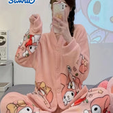 2pcs Sanrio Genuine Authorization, Cartoon Pattern Long-sleeved Pajama Set, Thick, Warm Loungewear, Sweet, Cute, Pajamas, Can Be Worn Outside, Loungewear Two-piece Set