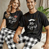 2pcs Couple Matching Pajama T-Shirts - 'Mr. Right' Lip & Beard Print, Comfy Cotton Knit Fabric, Casual Crewneck Style, Perfect for Valentine's Day Gifts or Anniversary Celebrations, Romantic Gift Idea | Cartoon Style Prints | Comfortable Fit, Pajama Sets
