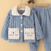 Boys' 2pcs Fall\u002FWinter Pajama Set, Casual Lapel Collar Knit Polyester Sleepwear with Alphabet Pattern, Thick Fleece-Lined with Pockets and Buttons, Regular Fit