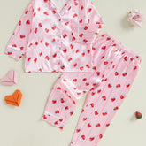 Little Girl Valentines Day Pajama Set Heart Print Long Sleeve Button-up Tops Long Pants 2pcs Sleepwear Outfit