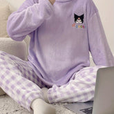 Sanrio Women'S Cozy Fleece Pajama Set - Cute Cartoon Dog & for Hello Kitty Pattern, Plaid Pants, Long Sleeve Top, All-Season Wear, Soft & Warm, Perfect for Teens, Cozy Loungewear | Cartoon Print Top | Soft Fabric Pajamas, Cute Pajamas