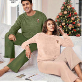 Men And Women Couple Fleece Pajama Set - Christmas Gingerbread Man Embroidery Design, Thickened for Autumn And Winter, Featuring a Round Neck Long Sleeve And Long Pants, Machine Washable (Single Piece Set)