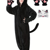 Girls Black Cat Onesie Pajamas Costume, Soft Plush Warm Sleepwear With Gloves And Cat Stickers, Perfect For Halloween, Cosplay, Dress Up, Role Play, Costume Parties, Themed Events, Winter Loungewear Outfit