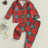 Cozy Cotton Blend Youngsters' Plaid Pajama Set with Button-Up Lapel Top & Long Pants - Cute Christmas Loungewear for Youngsters and Youngsters, Machine Washable