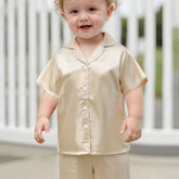 Youngsters Youngsters Youngsters Girl Summer Pajamas Set Silky Solid Color Short Sleeve Lapel V Neck Button Shirt Top Ribbon Elastic Waist Ruffle Shorts 2pcs Lounge Outfit