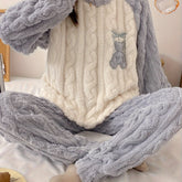 Youth Winter Warm Fleece Pajamas Set, Cute Bear Pattern Casual Home Wear Set, For Teenager
