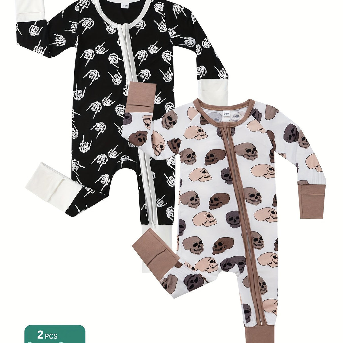 2pcs Bamboo Fiber baby onesies with cool claw skull print, double-sided zipper and matching pants - casual, all-season, machine washable - cute Halloween designs for babies, Bamboo Fiber baby clothes, great for the outdoors