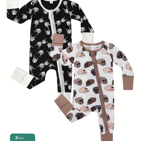 2pcs Bamboo Fiber baby onesies with cool claw skull print, double-sided zipper and matching pants - casual, all-season, machine washable - cute Halloween designs for babies, Bamboo Fiber baby clothes, great for the outdoors