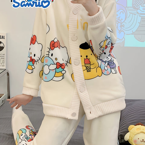2pcs Sanrio Genuine Authorization, Hello Kitty Family Cartoon Pattern Long-sleeved Thickened Upgraded Pajama Set, Thick Warm Loungewear, Sweet And Cute Pajamas, Cardigan Loungewear Can Be Worn Outside, The Best Choice for Family And Friends
