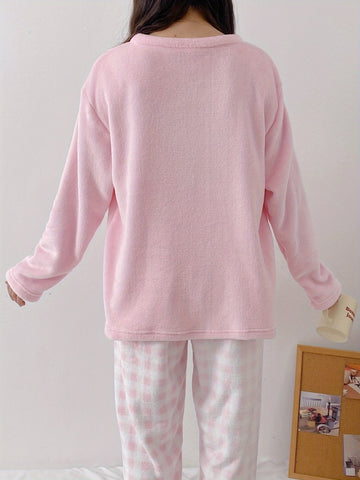 Sanrio Women'S Cozy Fleece Pajama Set - Cute Cartoon Dog & for Hello Kitty Pattern, Plaid Pants, Long Sleeve Top, All-Season Wear, Soft & Warm, Perfect for Teens, Cozy Loungewear | Cartoon Print Top | Soft Fabric Pajamas, Cute Pajamas