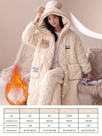 Girls' Flannel Hooded Sleepwear Set, Thickened Fleece-Lined Cartoon Long Sleeves and Pants for Autumn\u002FWinter Warm Home Outfit