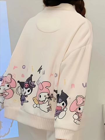 2pcs Sanrio Genuine Authorization, Cartoon Pattern Long-sleeved Pajama Set, Thick, Warm Loungewear, Sweet, Cute, Pajamas, Can Be Worn Outside, Loungewear Two-piece Set