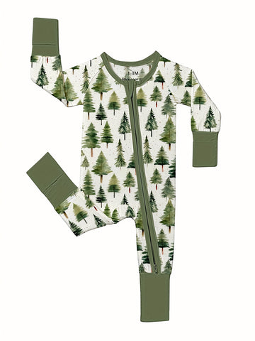 Christmas Baby Romper Bamboo Fiber Christmas Tree Forest Baby Romper | Double-Headed Zipper, Footed, Loose Fit, High Elasticity, Crew Neck - All-Season Comfort, Sleepwear, Newborn Clothing, Cozy Babywear, Perfect for Outdoor