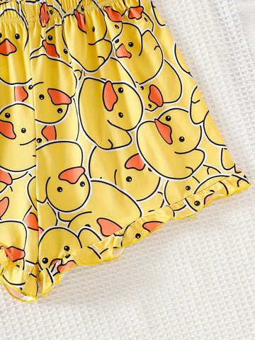 Summer Youth Girls' Pajamas Short Sleeve Cardigan Yellow Bottom Cartoon Yellow Duck Print Boys And Girls Can Wear Outerwear 2pcs Home Clothing Set