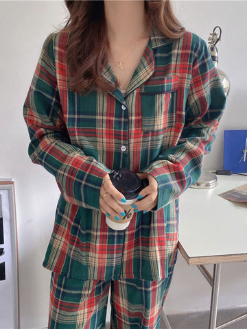 Christmas Couple's Long Sleeve Vintage Plaid Print Pajama Set Open Front Button-Up Top and Pants