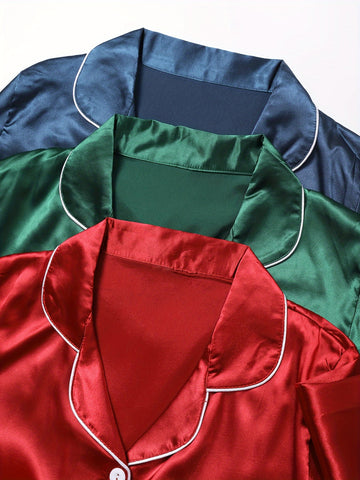 3 Sets Women's Solid Satin Casual Pajama Set, Long Sleeve Buttons Lapel Top & Pants, Comfortable Relaxed Fit For Autumn & Winter