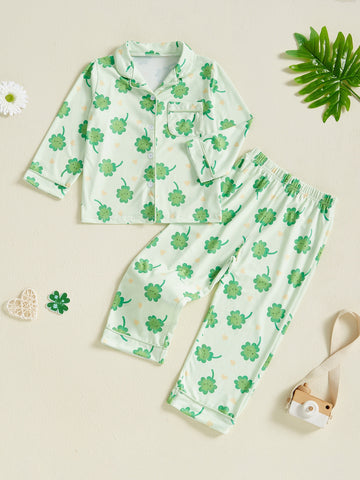 Kids Toddler Spring Pajama Sets Shamrock Pattern Button V Neck Long Sleeve Tops and Pants Lounge Wear 2pcs Set