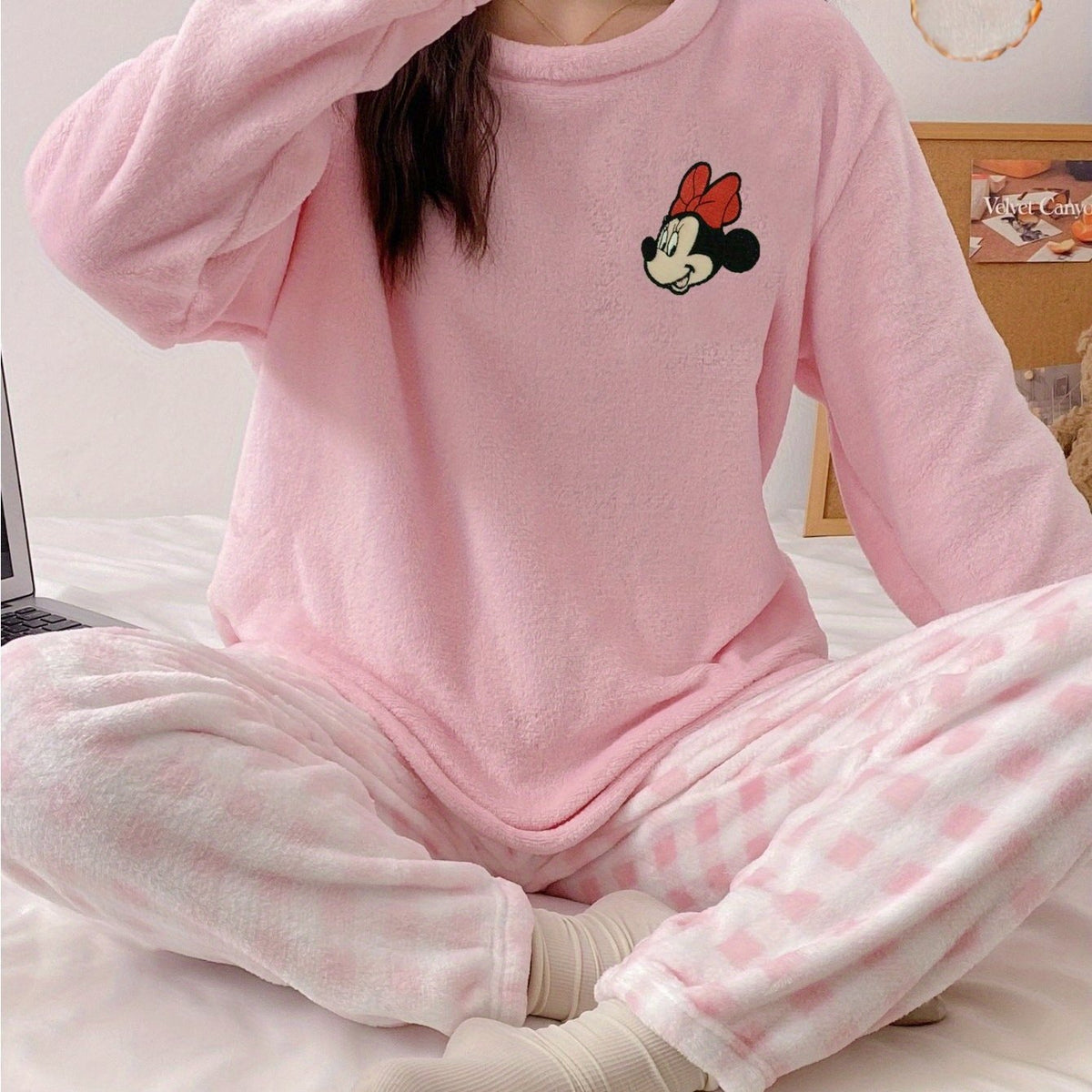 Winter Warm Fleece Pajama Set, Cute Mickey Mouse and Stitch Pattern Sleepwear, ' Style Home Outfit -, Winter Pajamas For Women, Pajama Sets Women Winter, Pajamas Winter Woman