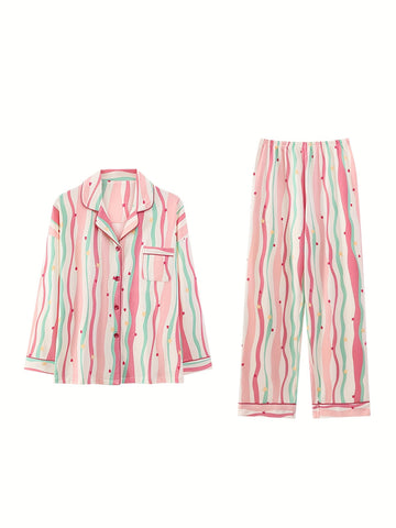 Couples' Pajama Set - Matching Long Sleeve Shirt & Pants Loungewear with Notch Collar & Button-Front Closure, Soft Striped All-Season Comfort, Unisex Full-Length Sleepwear for Men & Women, Cozy Casual Lounge Outfit (Striped Pattern, Easy Care)