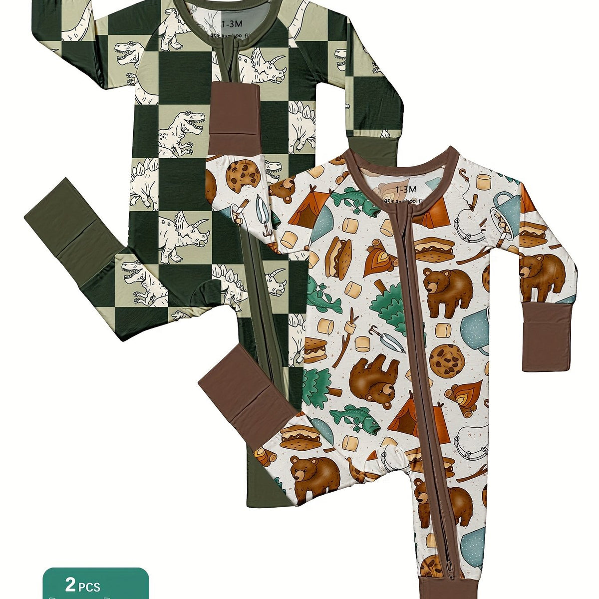 2pcs Bamboo Fiber baby onesies with dinosaur & big brown bear prints, double-sided zippers and matching pants - casual, all-season, machine washable - cute baby designs for babies, Bamboo Fiber baby clothes, great for the outdoors