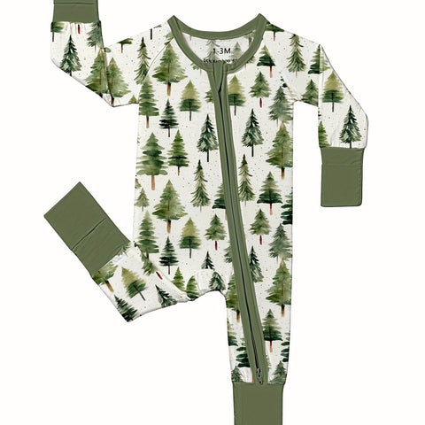 Christmas Baby Romper Bamboo Fiber Christmas Tree Forest Baby Romper | Double-Headed Zipper, Footed, Loose Fit, High Elasticity, Crew Neck - All-Season Comfort, Sleepwear, Newborn Clothing, Cozy Babywear, Perfect for Outdoor