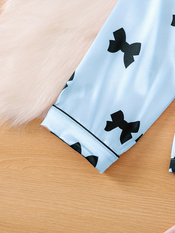 Cute Bow Print Sleepwear For Spring And Autumn, Comfortable Cardigan With Collar, Long Sleeved Top, Long Pants, Sizes 130-160, Medium To Large Children'S And Girls' Set, Home Wear
