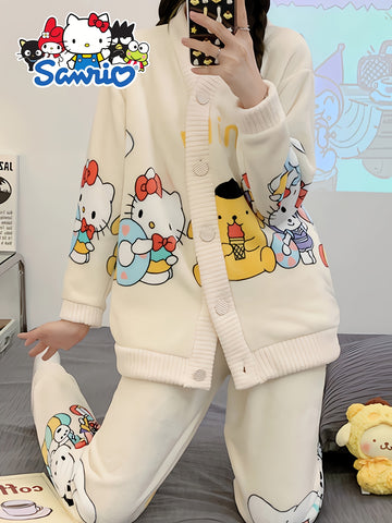 2pcs Sanrio Genuine Authorization, Hello Kitty Family Cartoon Pattern Long-sleeved Thickened Upgraded Pajama Set, Thick Warm Loungewear, Sweet And Cute Pajamas, Cardigan Loungewear Can Be Worn Outside, The Best Choice for Family And Friends