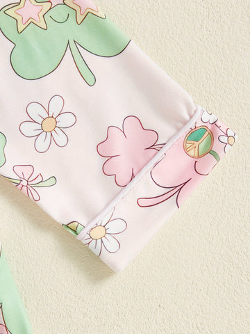 Kids Toddler Spring Pajama Sets Shamrock Pattern Button V Neck Long Sleeve Tops and Pants Lounge Wear 2pcs Set