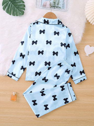Cute Bow Print Sleepwear For Spring And Autumn, Comfortable Cardigan With Collar, Long Sleeved Top, Long Pants, Sizes 130-160, Medium To Large Children'S And Girls' Set, Home Wear