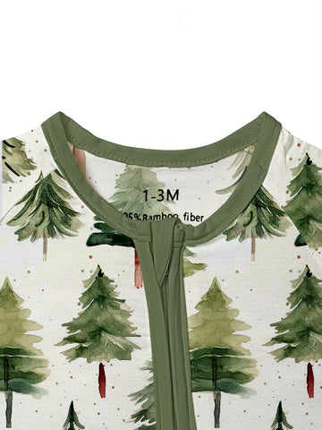 Christmas Baby Romper Bamboo Fiber Christmas Tree Forest Baby Romper | Double-Headed Zipper, Footed, Loose Fit, High Elasticity, Crew Neck - All-Season Comfort, Sleepwear, Newborn Clothing, Cozy Babywear, Perfect for Outdoor