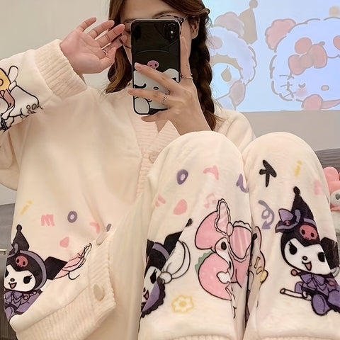 2pcs Sanrio Genuine Authorization, Cartoon Pattern Long-sleeved Pajama Set, Thick, Warm Loungewear, Sweet, Cute, Pajamas, Can Be Worn Outside, Loungewear Two-piece Set