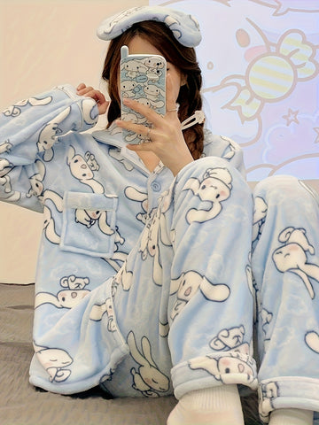2pcs Sanrio Licensed Yu Gu Dog Pajama Sets - Cute Cartoon Winter & Autumn Thick Coral Fleece Pajamas with V-Neck & Long Sleeve, Cozy Full-Length Pajama Set for Teens, Birthday & Christmas Gifts (Sanrio Fans) - Home Wear Sleepwear, Loungewear Outfit
