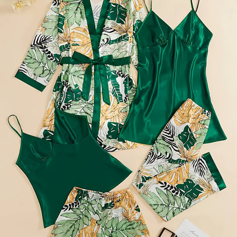 5pcs Satin Pajama Set, Including Outerwear, Long Camisole, Short Camisole, Pants, Shorts, Women's Sleepwear&home Wear, Camisole Sleepwear Simple, Fashionable, Comfortable And Loose Pajama Set