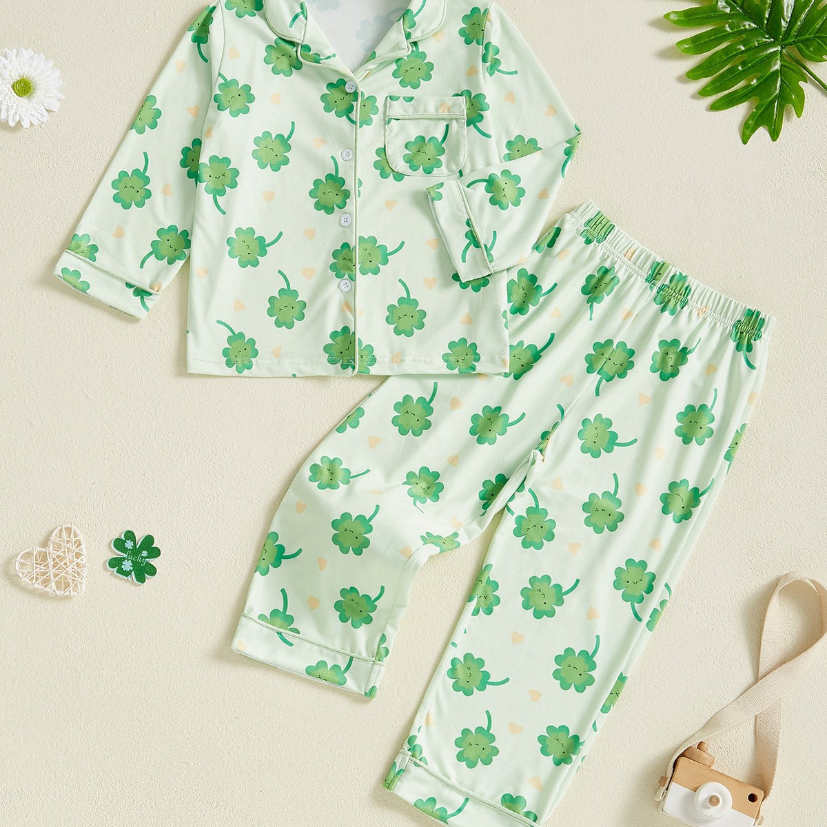 Kids Toddler Spring Pajama Sets Shamrock Pattern Button V Neck Long Sleeve Tops and Pants Lounge Wear 2pcs Set