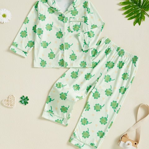 Kids Toddler Spring Pajama Sets Shamrock Pattern Button V Neck Long Sleeve Tops and Pants Lounge Wear 2pcs Set