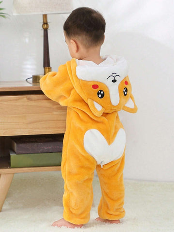 Unisex Cartoon Animal Print Hooded Onesie - Soft Warm Winter Sleepwear with Zipper Closure, Cozy All-Season Wear for &, Cute Bear & Fox Design, Regular Fit for Home & Outdoor Use, Clothing, Playful Wear, Comfortable Wear