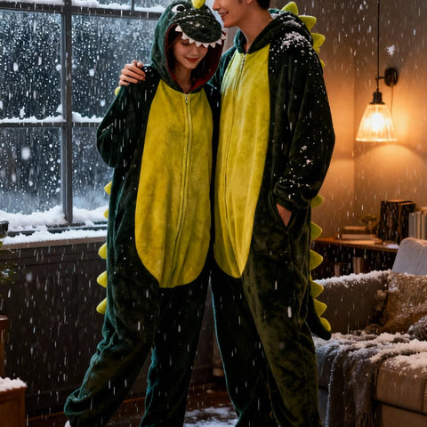 Roarsome Dinosaur Couple Onesie Set - Soft Flannel Matching Dinosaur Costume Pajamas with Hood, Long Sleeve Winter Sleepwear for Couples, Cute Animal Outfit with Spikes & Tail, Valentine'S Day & Anniversary Gift for Adults (Green\u002FYellow