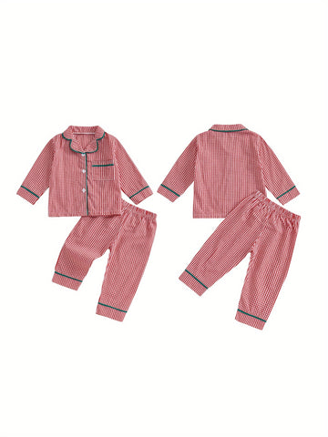 Girl 2pcs Christmas Pajamas Long Sleeve Plaid Print Shirt + Pants Set Sleepwear