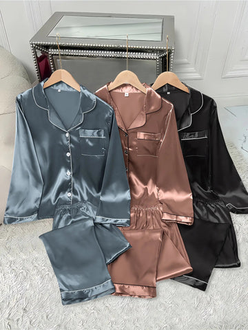 3pcs Women'S Satin Set - Casual Solid Color Long Sleeve Shirt & Elastic Waist Pants, Turn- Collar, Button Detail, Polyester, Autumn Winter Pajamas, Comfortable Loungewear|Casual Style|Polyester Fabric