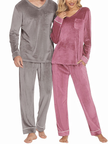 ELESOL Unisex Velvet Pajama Set, Casual V-Neck Long Sleeve Knit Fabric Sleepwear, Polyester & Spandex Blend, Solid Color Loungewear with Pockets, for Fall\u002FWinter