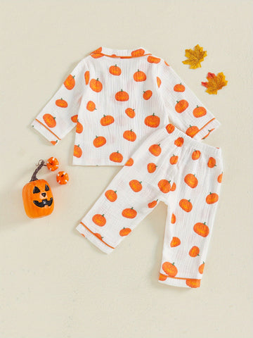 2pcs Girls Halloween Pajamas Set Long Sleeve Pumpkin Print Button Shirts and Pants Set Sleepwear